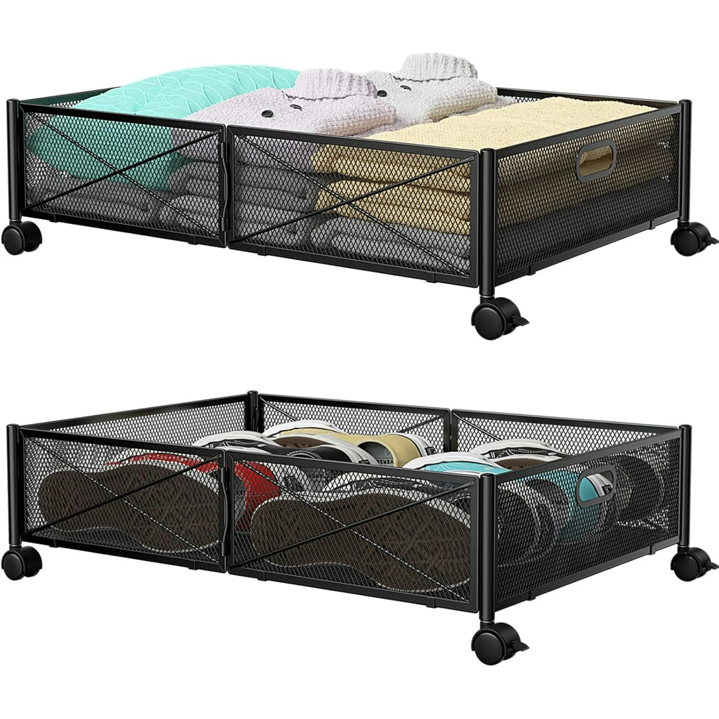 Under Bed Storage Containers with Wheels, Shoe Organizer Drawer, Metal Storage for Clothes Shoes Blankets N2817