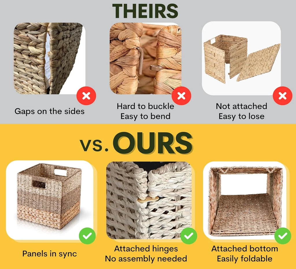 Natural Wicker Storage Cubes, 12x12 Bins, Set of 4 Heavy Duty Hyacinth Baskets for Shelf, Foldable Square Baskets E946733