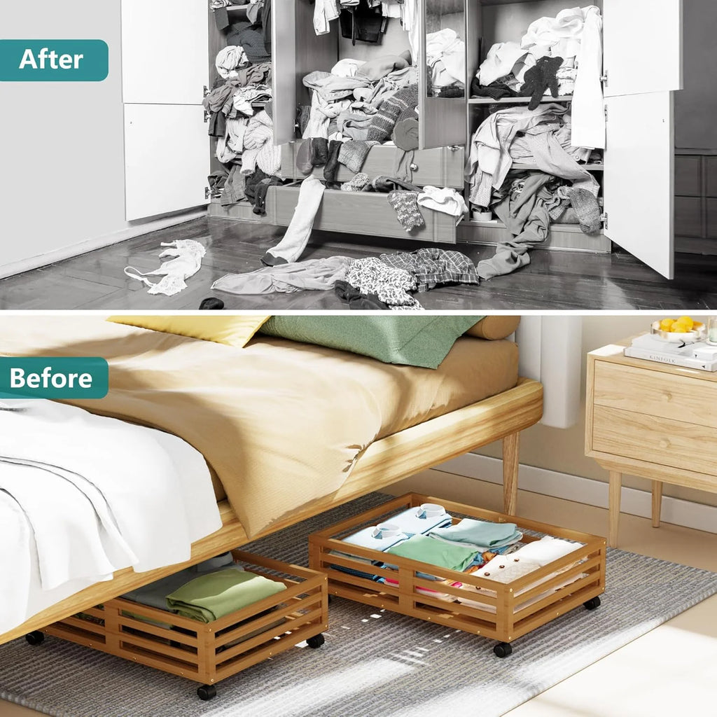 Bamboo Under Bed Storage Containers with Wheels and Dust Bag B86438