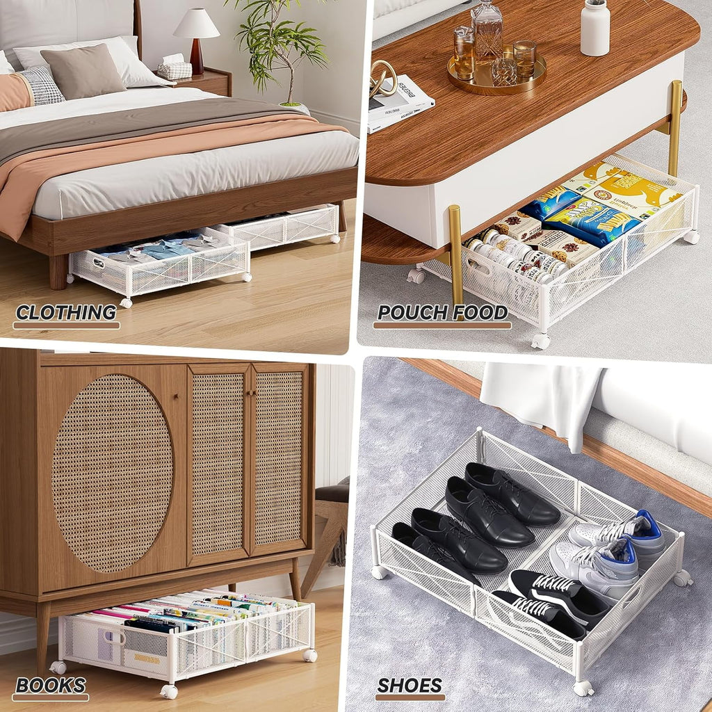 Under Bed Storage Containers with Wheels, Shoe Organizer Drawer, Metal Storage for Clothes Shoes Blankets X85755