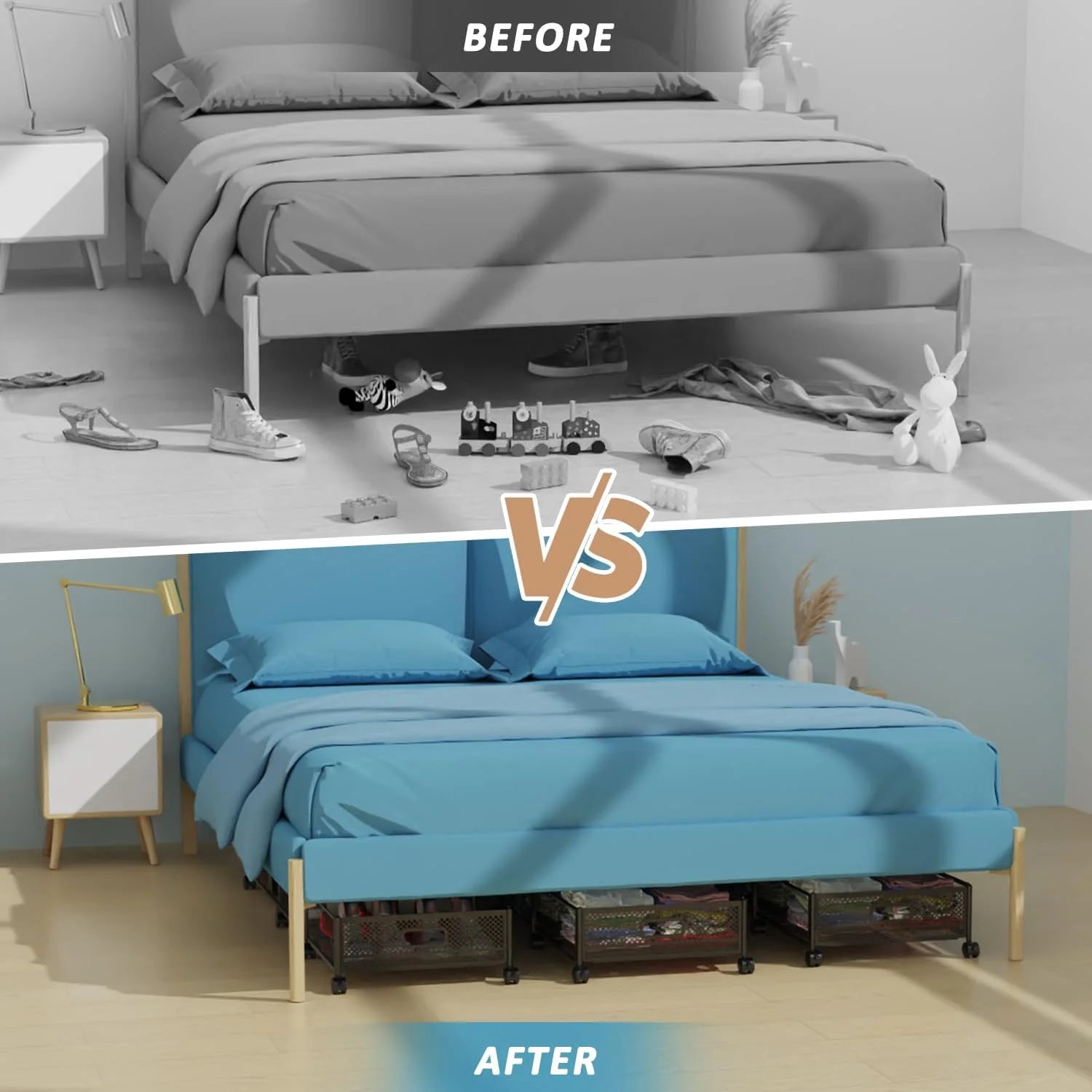 Under Bed Storage on Wheels, Large Capacity Rolling Containers, Foldable Drawers G826102
