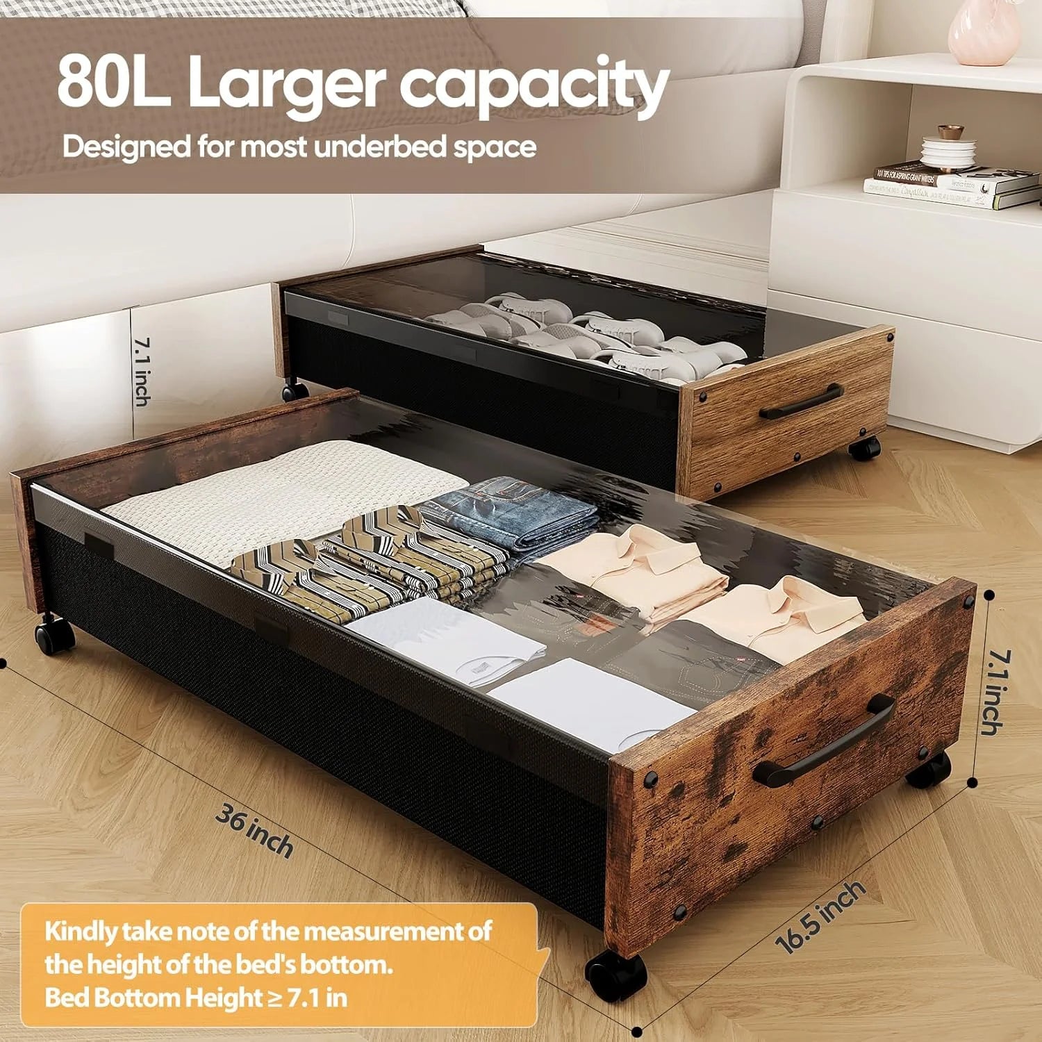 Under Bed Storage Bins with Wheels, 2 Pack, Removable Lid M4507