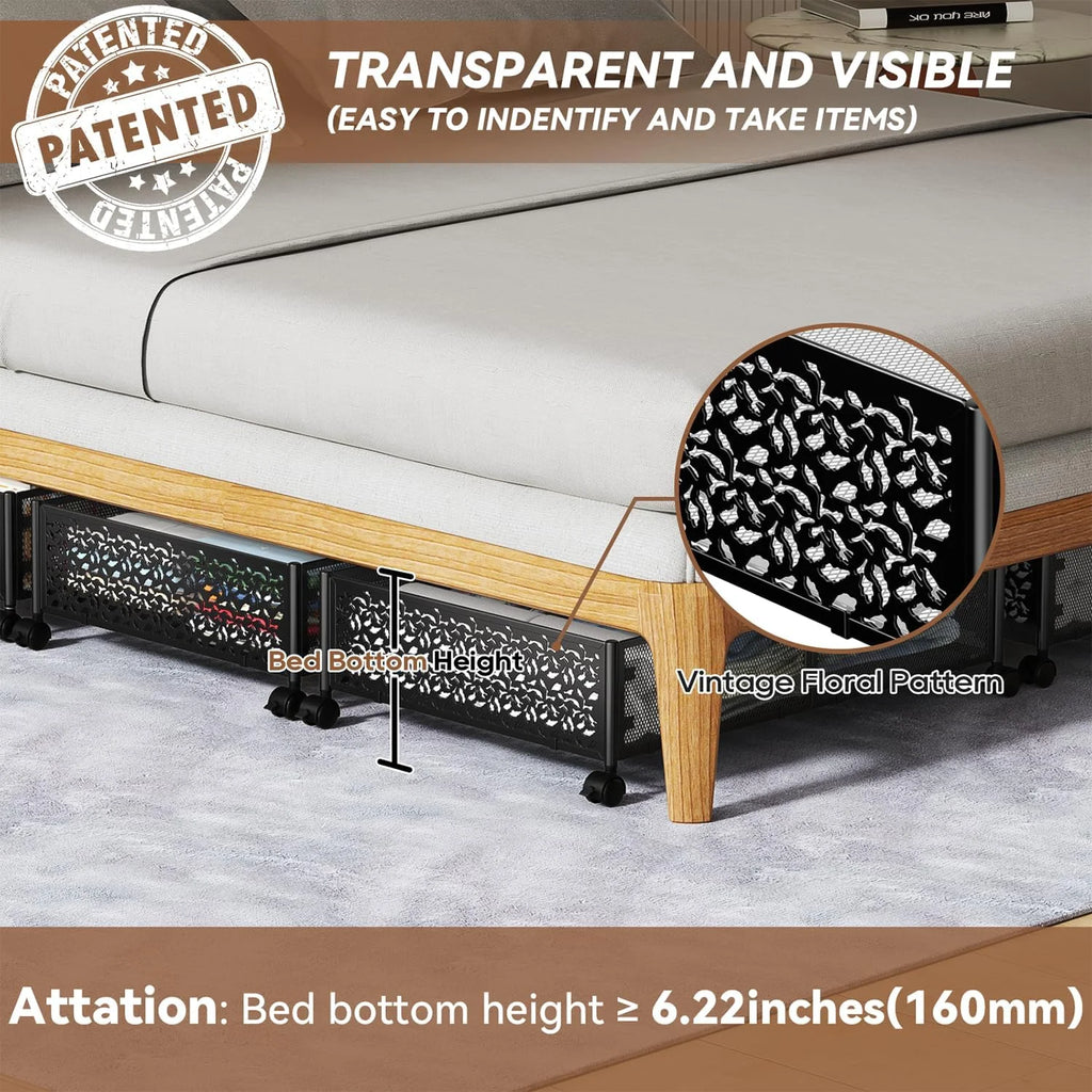 Under Bed Storage Containers with Wheels, Shoe Organizer Drawer, Metal Storage for Clothes Shoes Blankets N2817