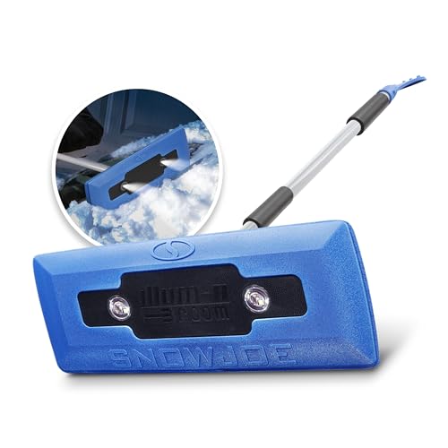 Snow Joe SJBLZD-LED 4-in-1 Telescoping Scracth-Free Snow Broom + Ice Scraper, 18-Inch Foam Head, Headlights, Blue