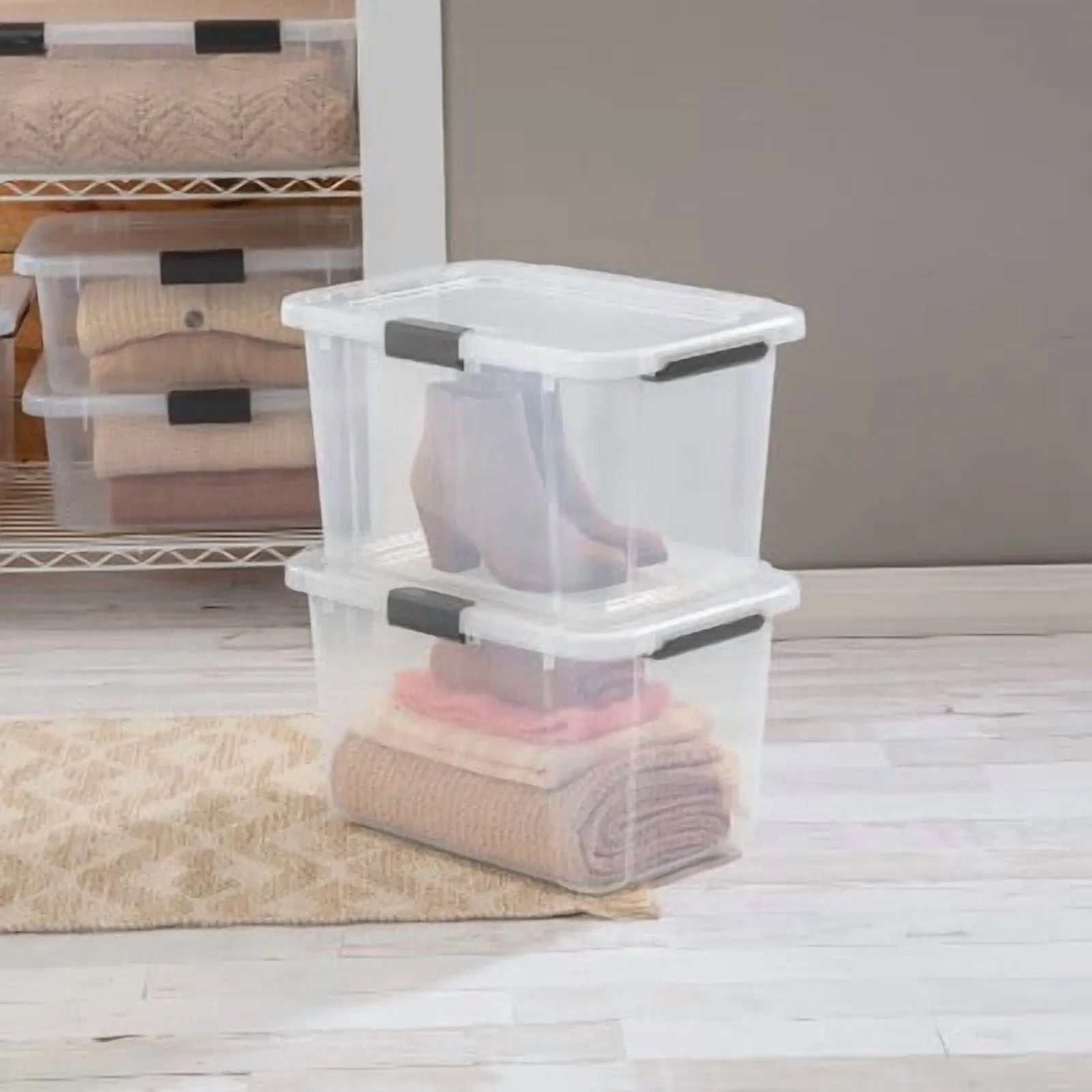 Plastic Storage Tote with Hinged Lid and Handles, Stackable C77941