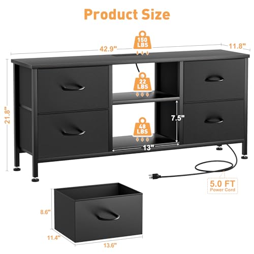 TV Stand with 4 Fabric Drawers and Open Shelves for 50" TV, Black Wood Veins F648