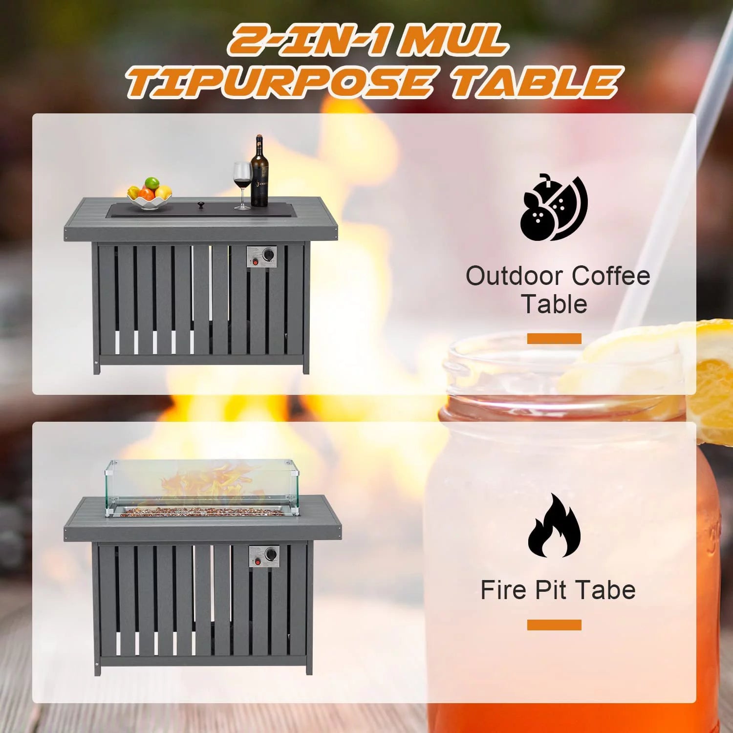 43 Inch HDPE Propane Fire Pit Table with Lid and Fire Glass, Gray F161