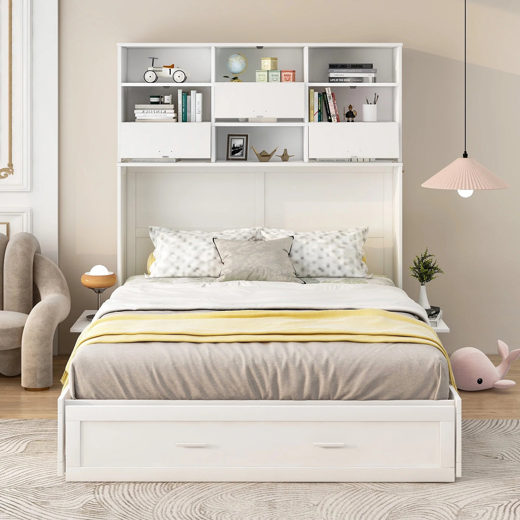 Queen Size Murphy Bed with Bookcase and Drawer, White F2789