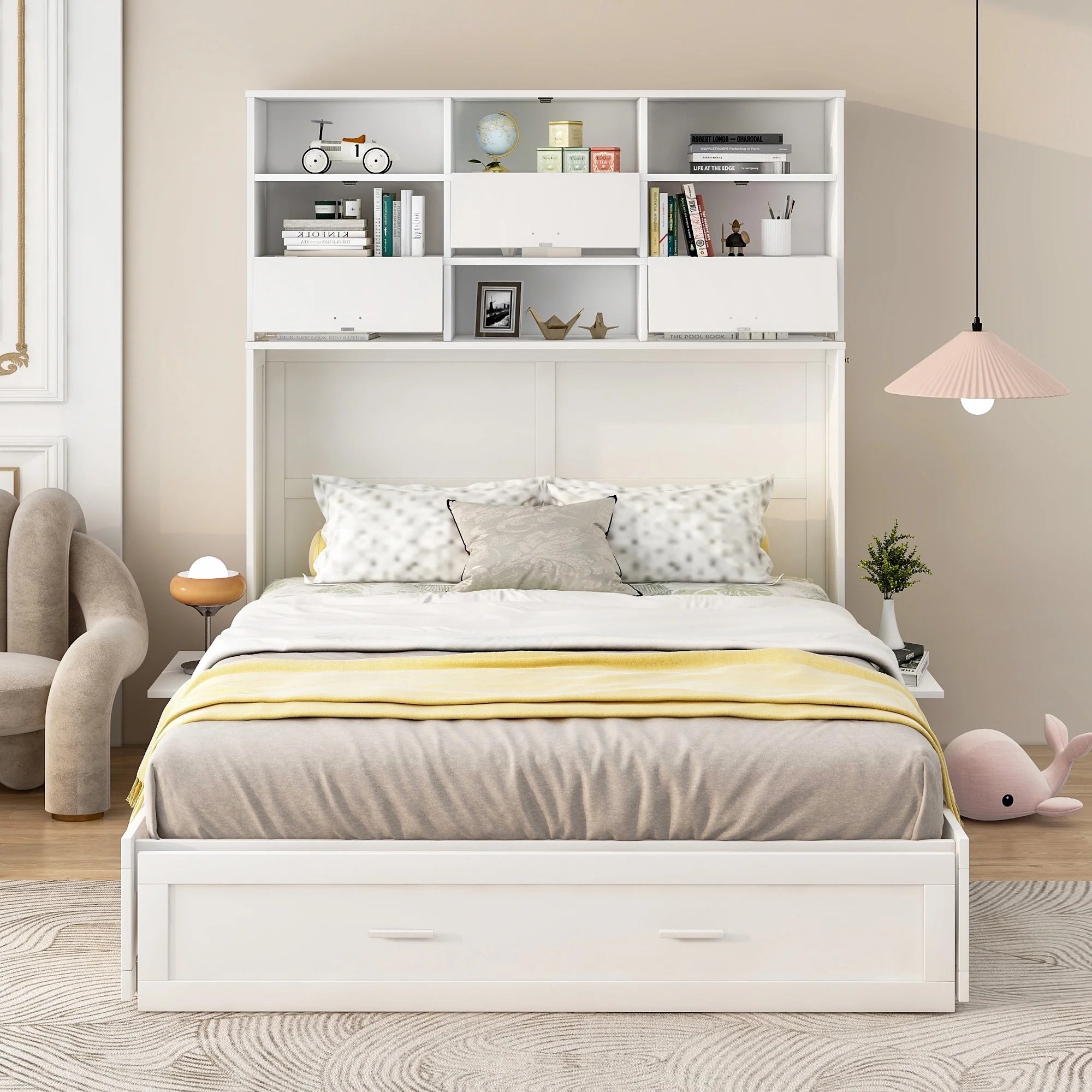 Queen Size Murphy Bed with Bookcase and Drawer, White F2789