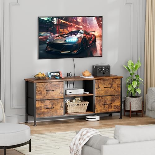 TV Stand with 4 Fabric Drawers and Open Shelves for 50" TV, Black Wood Veins F648