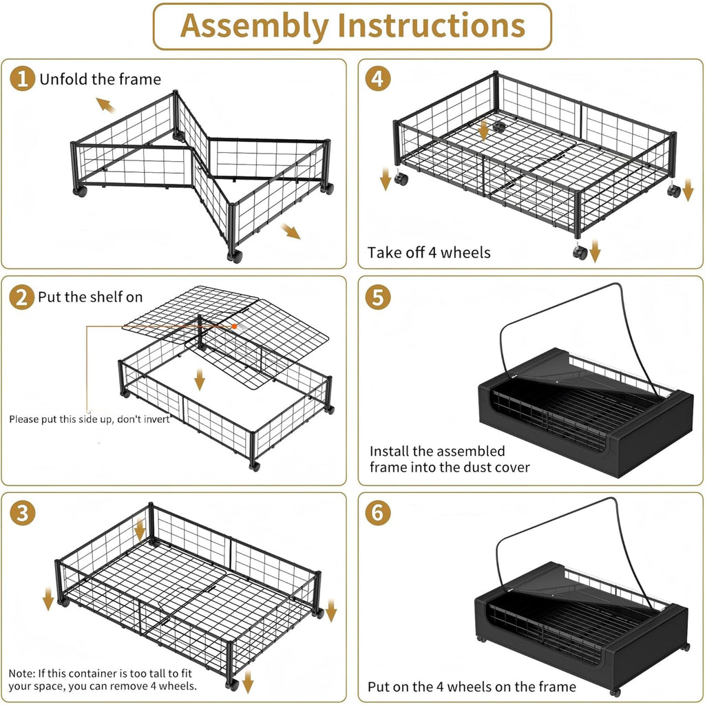 Under Bed Storage with Wheels and Cover, Metal Drawers, Black A21548