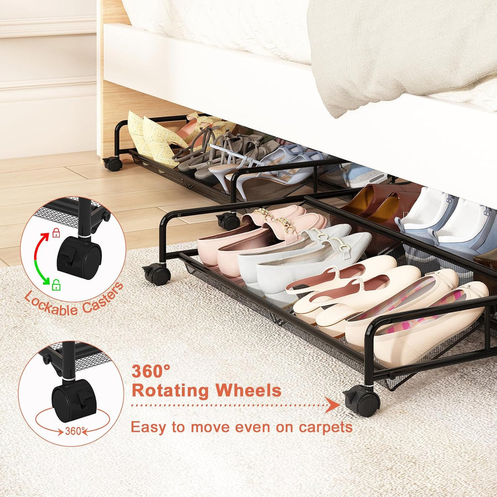 Under Bed Shoe Storage Organizer, 2 Pack Metal Mesh with Wheels J5210
