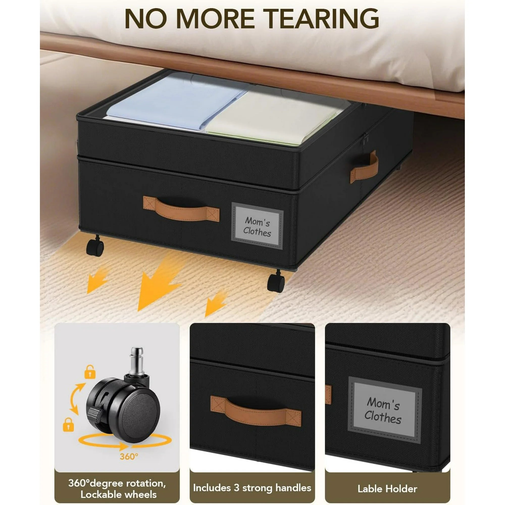 Under Bed Storage with Wheels, Adjustable Height, 10 Inches, Black A260