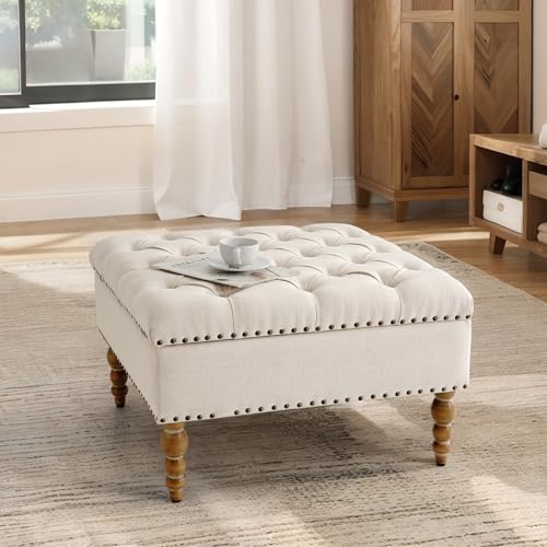 Large Square Ottoman Coffee Table with Storage and Solid Wood Shelf S572