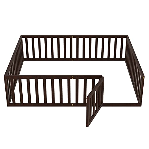 Twin Floor Bed Frame with Safety Fence, Solid Wood U412