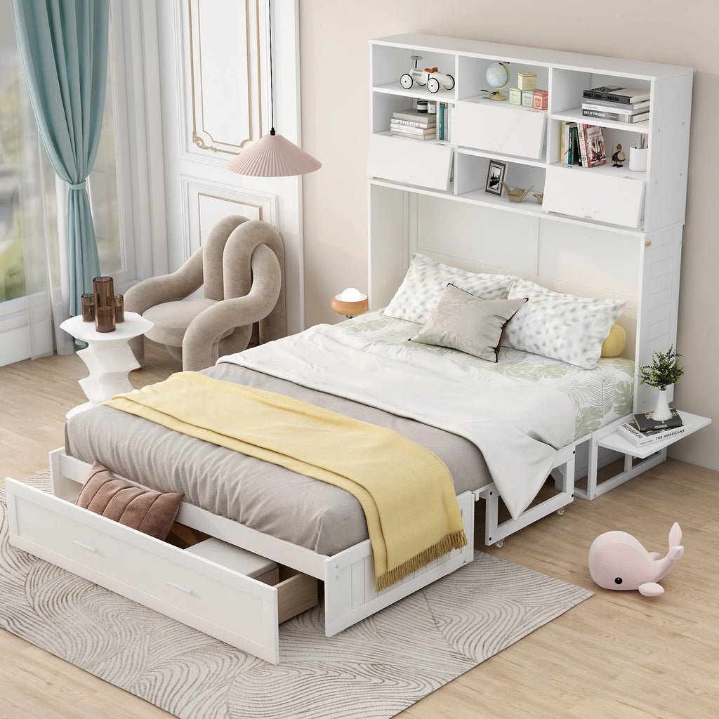 Queen Size Murphy Bed with Bookcase and Drawer, White F2789
