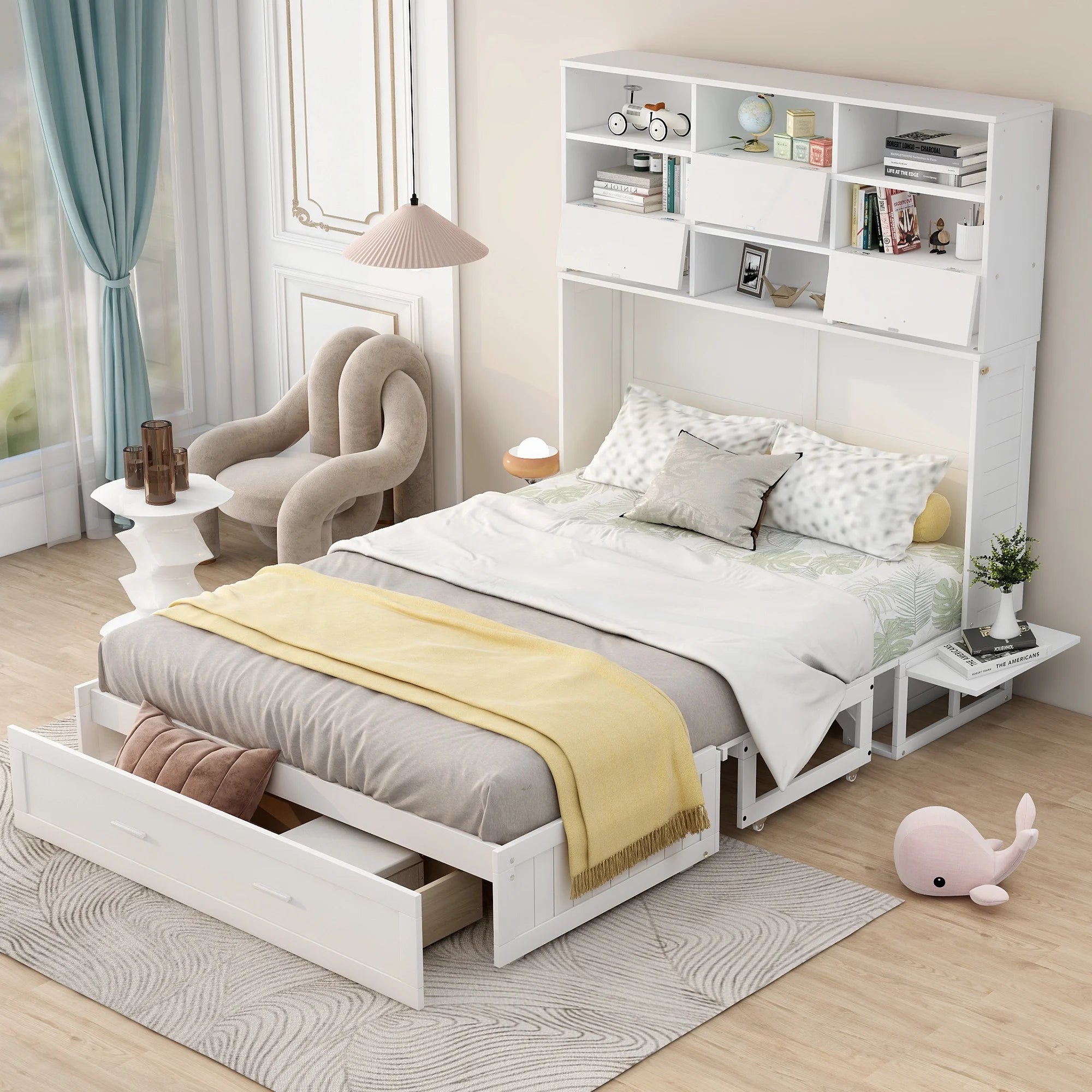 Queen Size Murphy Bed with Bookcase and Drawer, White F2789