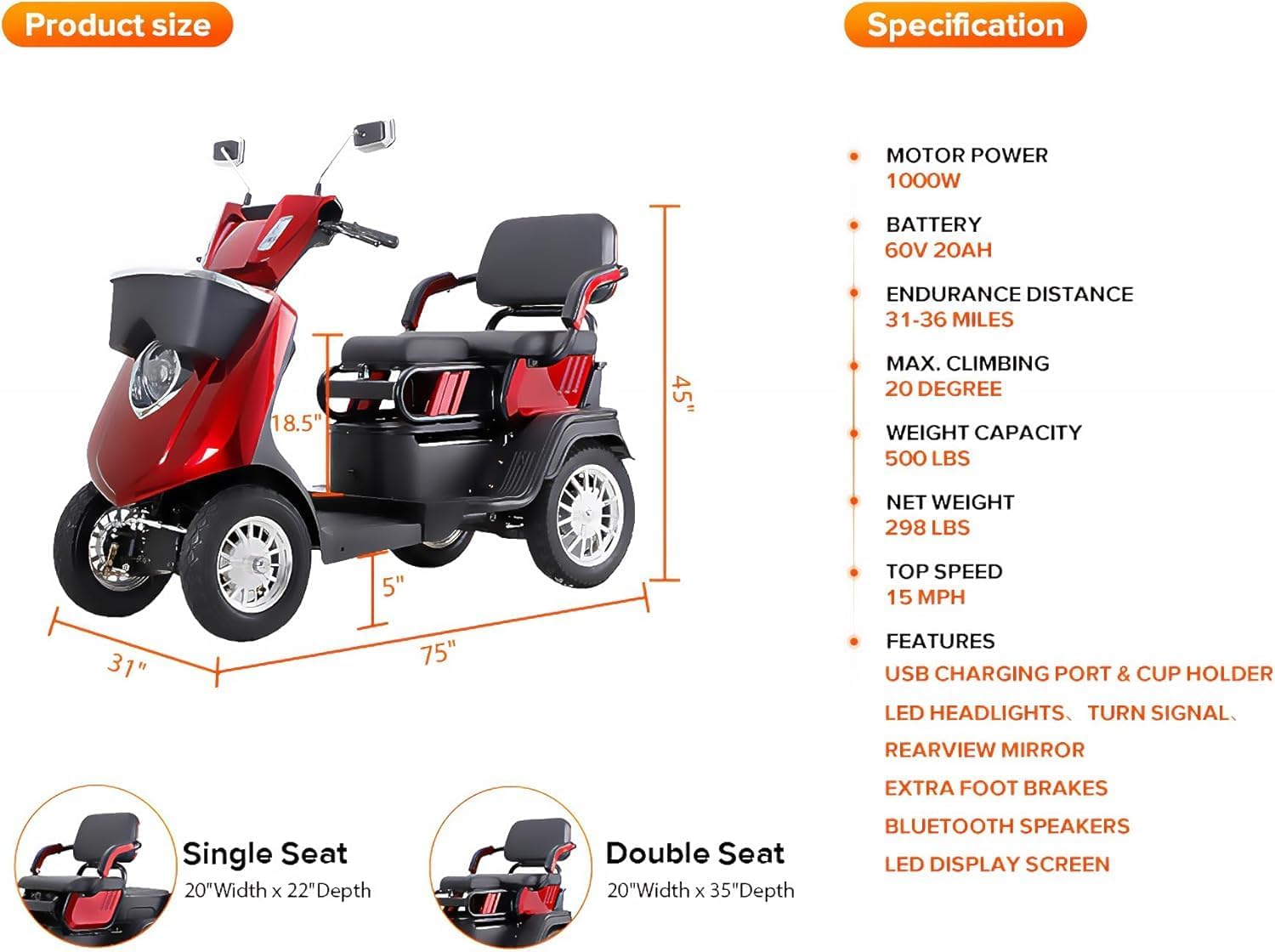 4 Wheel Mobility Scooter for Seniors, 500lbs Capacity, 36-Mile Range K276476