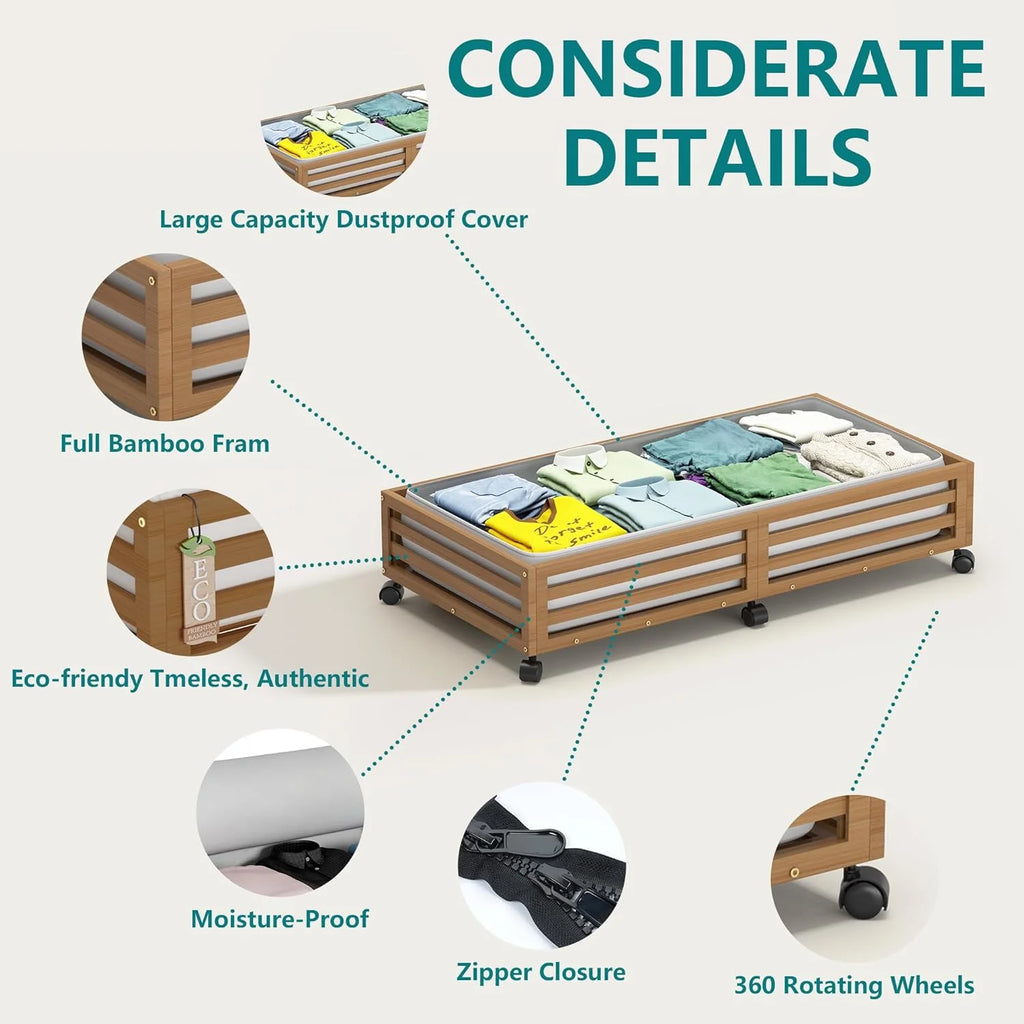 Bamboo Under Bed Storage Containers with Wheels and Dust Bag B86438