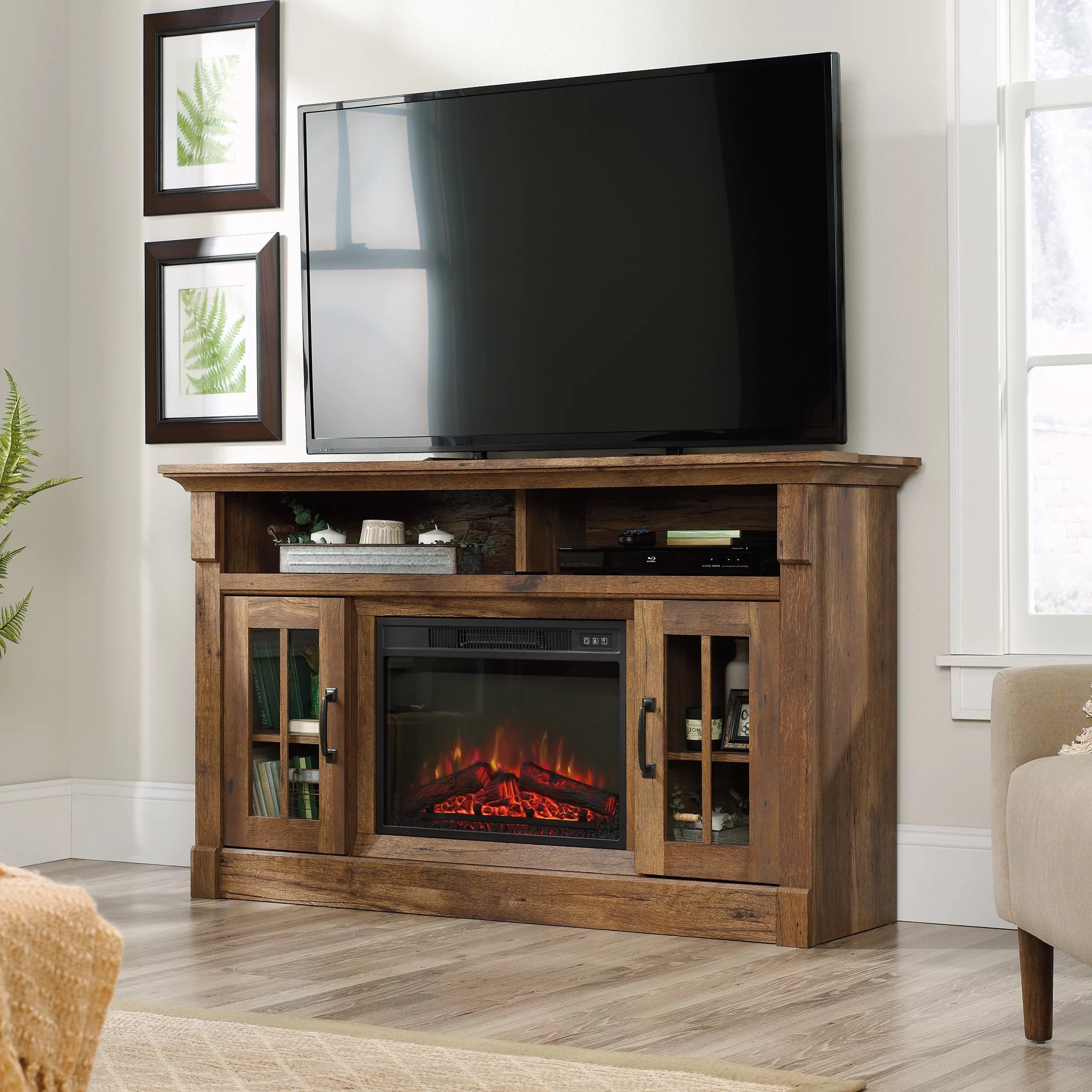 Rustic Fireplace TV Stand for TVs up to 50", Vintage Oak Finish S64604