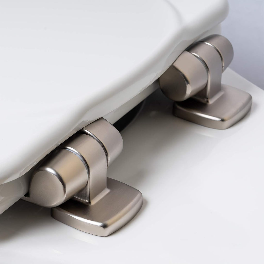 Elongated Toilet Seat with Brushed Nickel Hinges, Slow Close, Enameled Wood A75708
