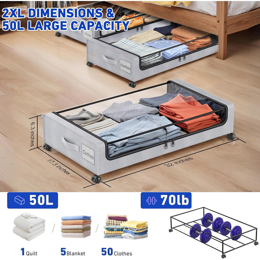 Under Bed Storage Containers with Wheels and Clear Lids, 60L, Gray M165970