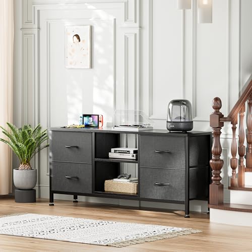 TV Stand with 4 Fabric Drawers and Open Shelves for 50" TV, Black Wood Veins F648