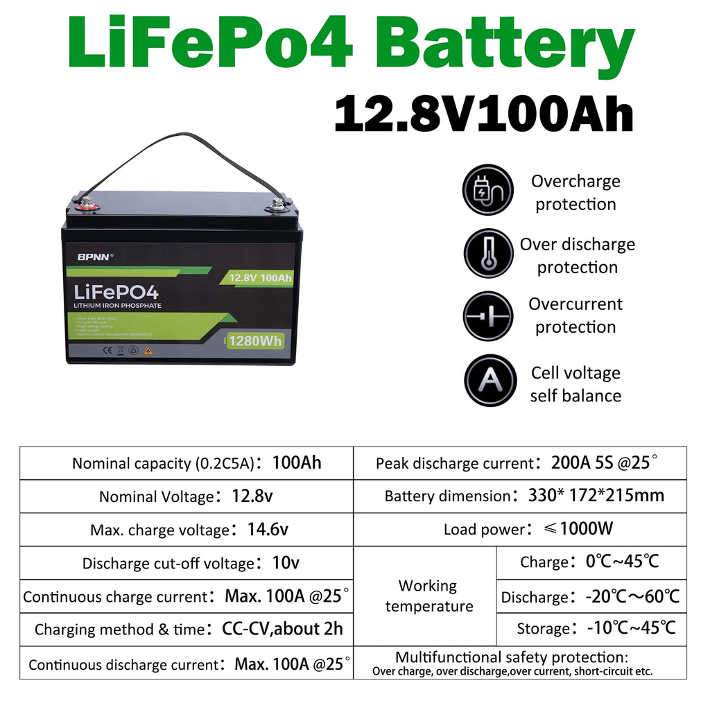 12V 100Ah LiFePO4 Battery for RV Solar Home Backup T738514