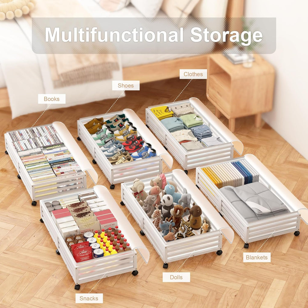 Under Bed Storage Containers with Wheels, Bamboo Wood Rolling Bins with Dust Bags I4348