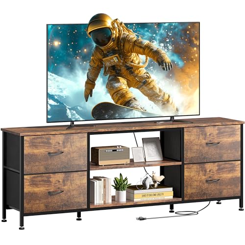 TV Stand with 4 Fabric Drawers and Open Shelves for 50" TV, Black Wood Veins F648