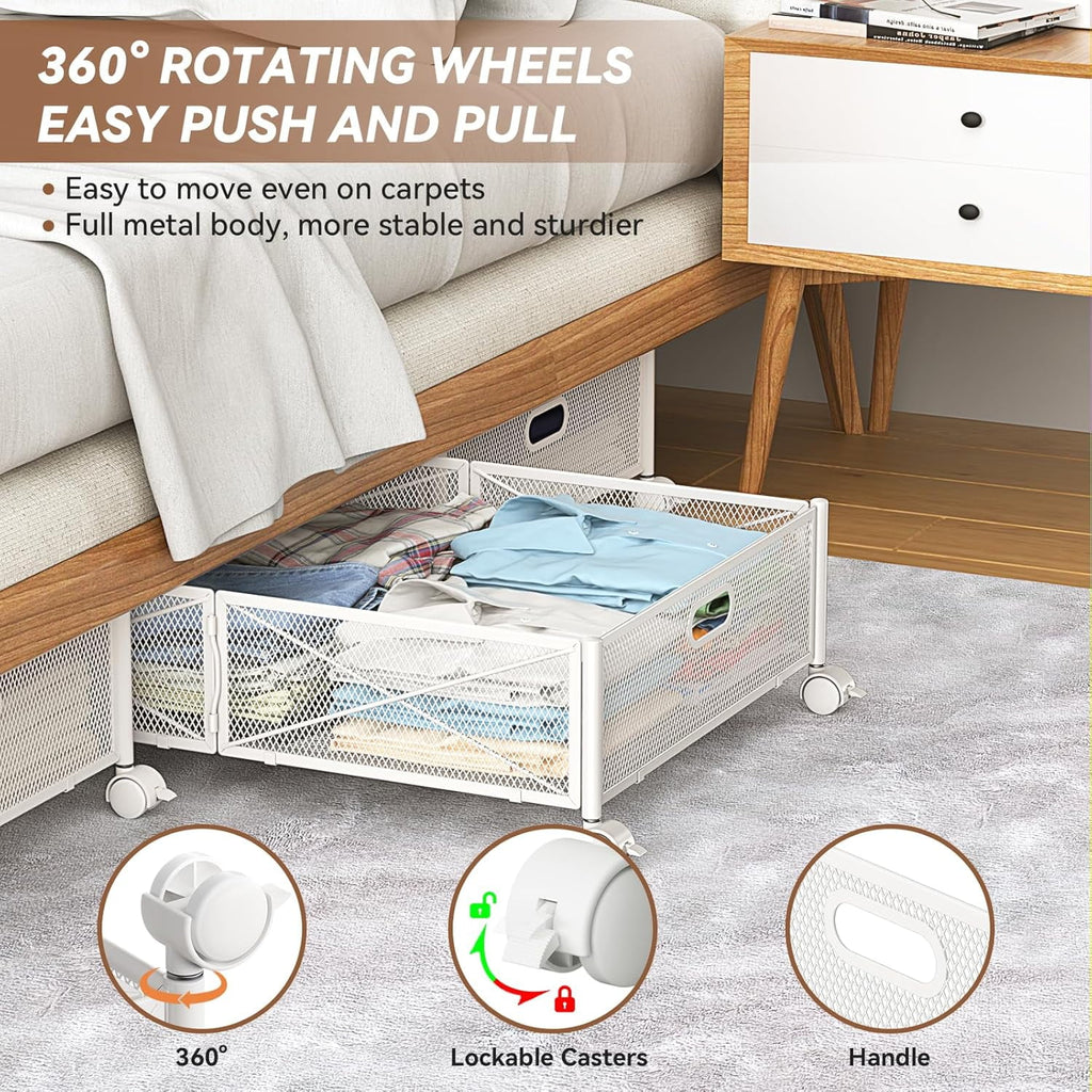 Under Bed Storage Containers with Wheels, Shoe Organizer Drawer, Metal Storage for Clothes Shoes Blankets X85755
