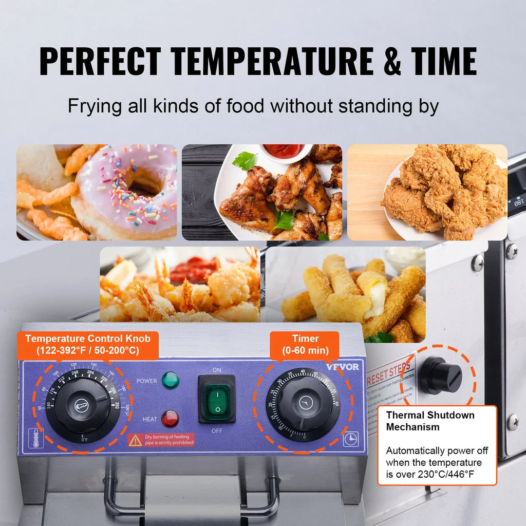 Commercial Electric Deep Fryer, Dual Tanks 3000W Countertop F7184