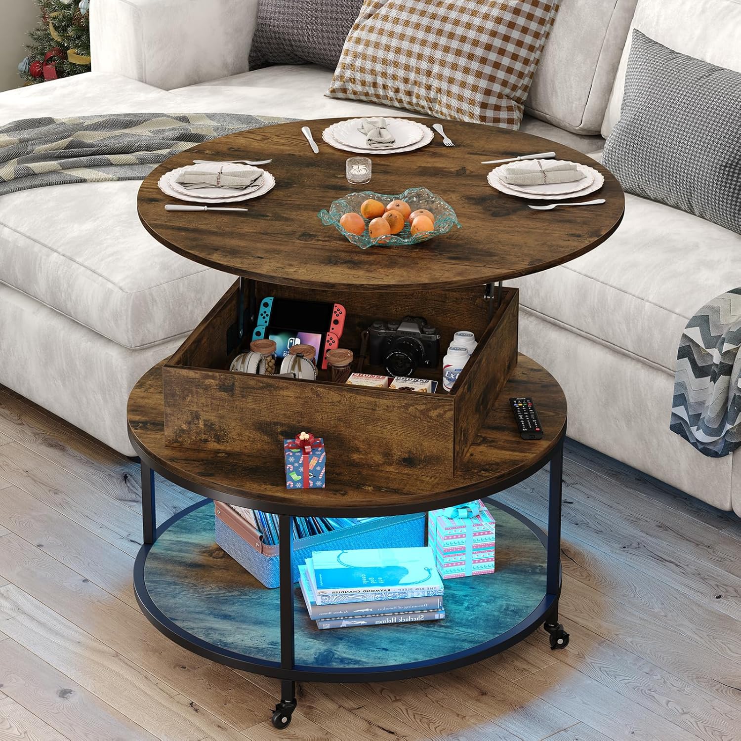 Round Lift Top Coffee Table with 2-Tier Storage and Wheels E803