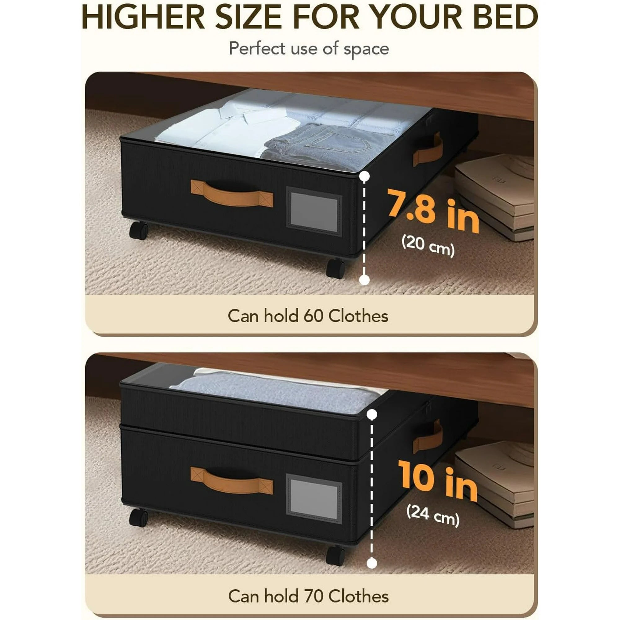 Under Bed Storage with Wheels, Adjustable Height, 10 Inches, Black A260