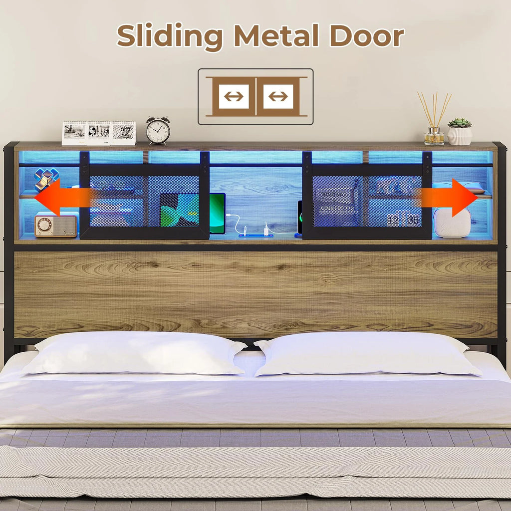 Metal Platform Bed Frame with 4 Storage Drawers and Charging Station, Oak Grey M9441
