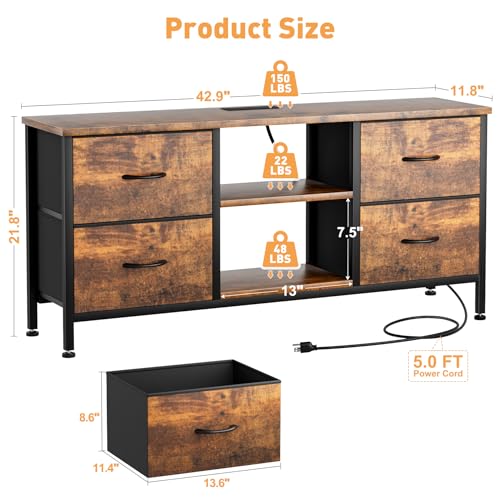 TV Stand with 4 Fabric Drawers and Open Shelves for 50" TV, Black Wood Veins F648