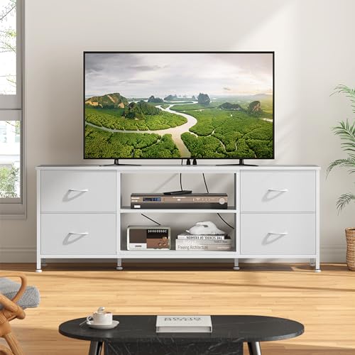 TV Stand with 4 Fabric Drawers and Open Shelves for 50" TV, Black Wood Veins F648