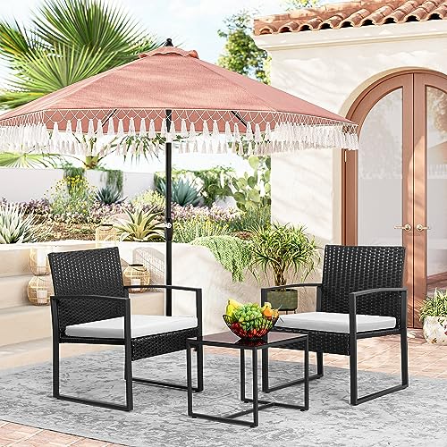 3 Piece Patio Set with Wicker Rattan Table and Chairs, White Y378205