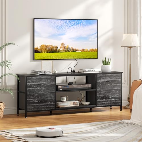 TV Stand with 4 Fabric Drawers and Open Shelves for 50" TV, Black Wood Veins F648