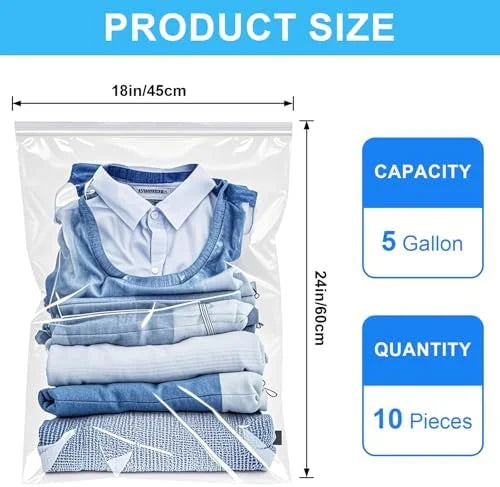5 Gallon Plastic Storage Bags (10 Pack) - Resealable Clear Zipper Bags for Clothes, Travel & Moving K97441