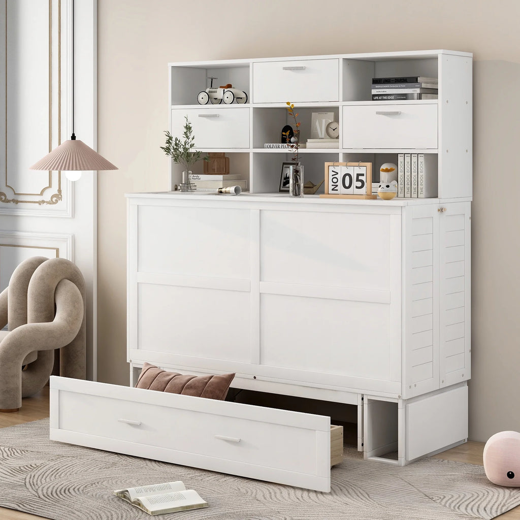 Queen Size Murphy Bed with Bookcase and Drawer, White F2789