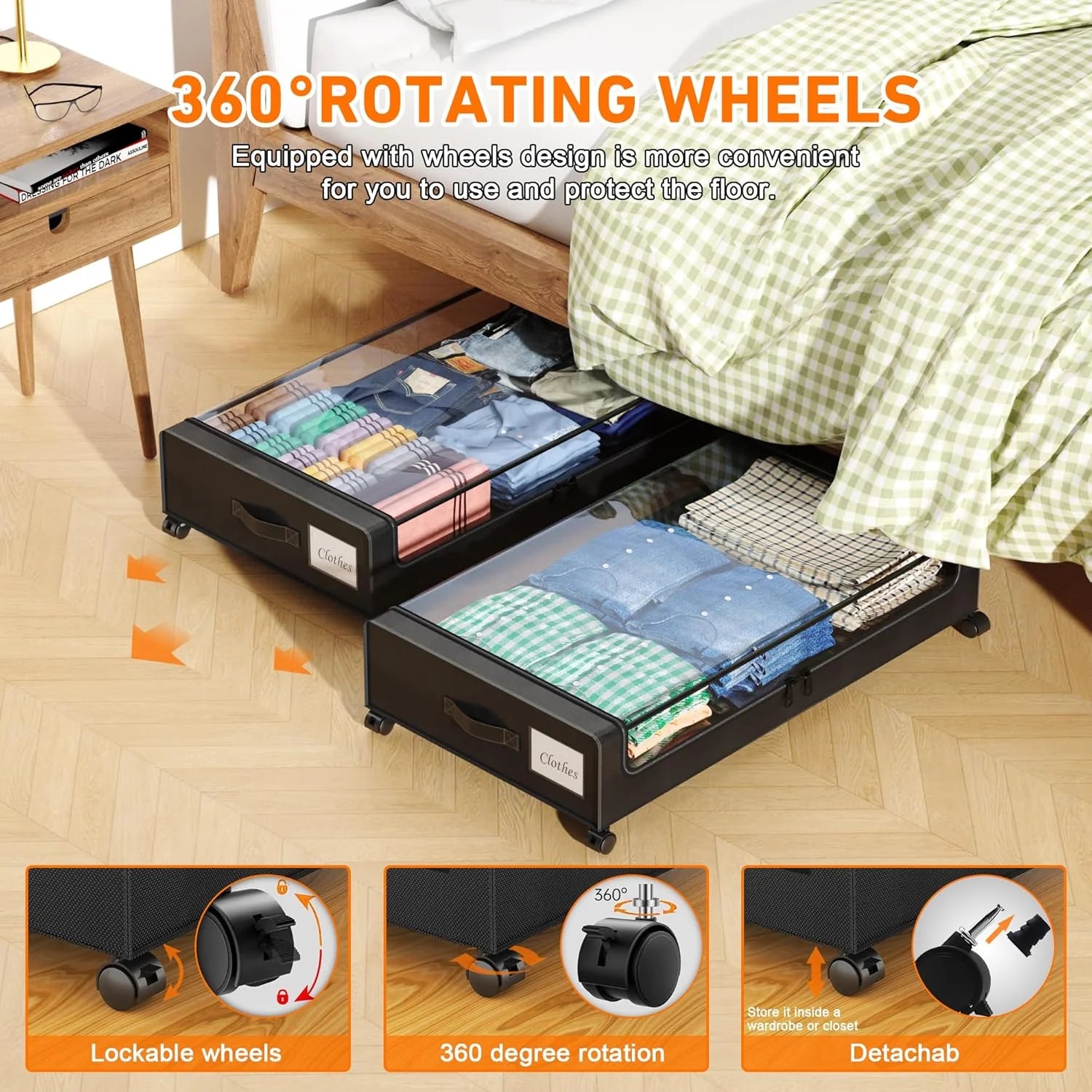 Under Bed Storage with Wheels, 2-Pack Clear Lid Containers, Rolling Metal Drawer V114902