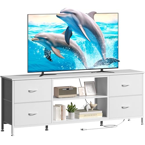 TV Stand with 4 Fabric Drawers and Open Shelves for 50" TV, Black Wood Veins F648