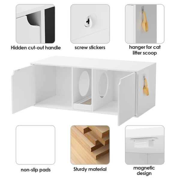 White Wood Side End Table Cat Litter Box with Double Room E185103