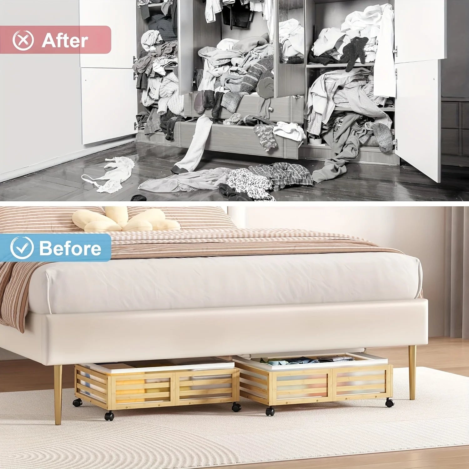 Bamboo Under-Bed Storage Bins with Wheels, 2-Pack O474436
