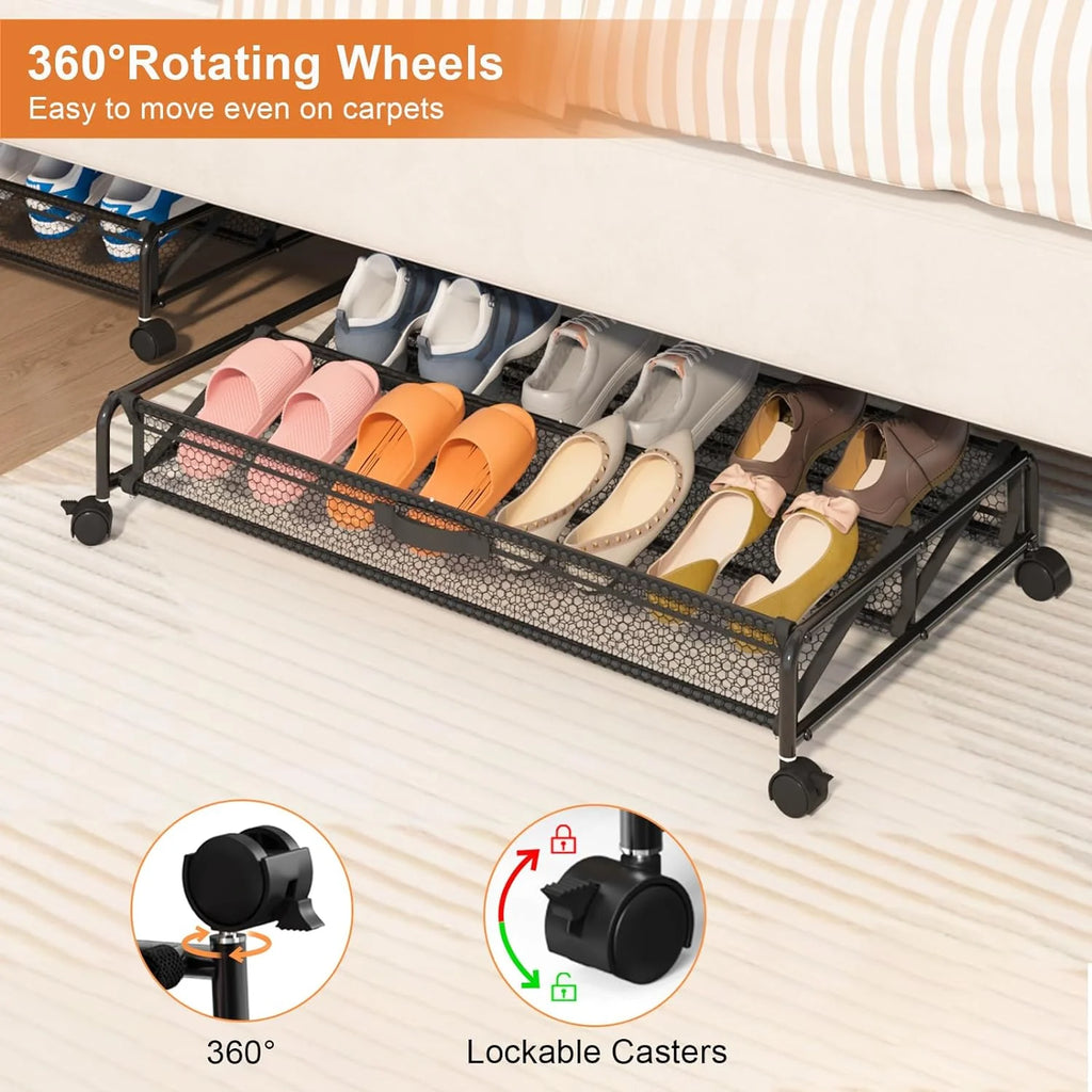 Under Bed Shoes Storage Containers with Wheels, Breathable Mesh K6508