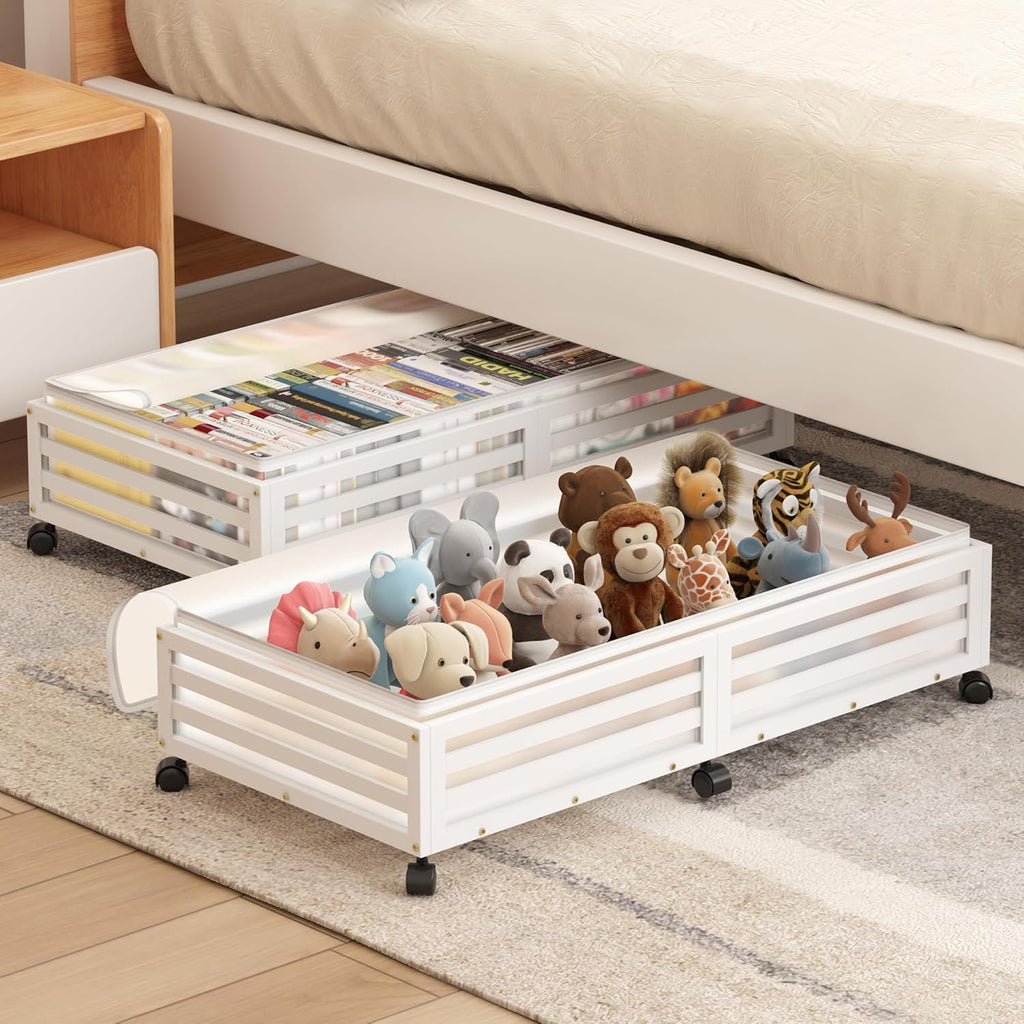 Under Bed Storage Containers with Wheels, Bamboo Wood Rolling Bins with Dust Bags I4348