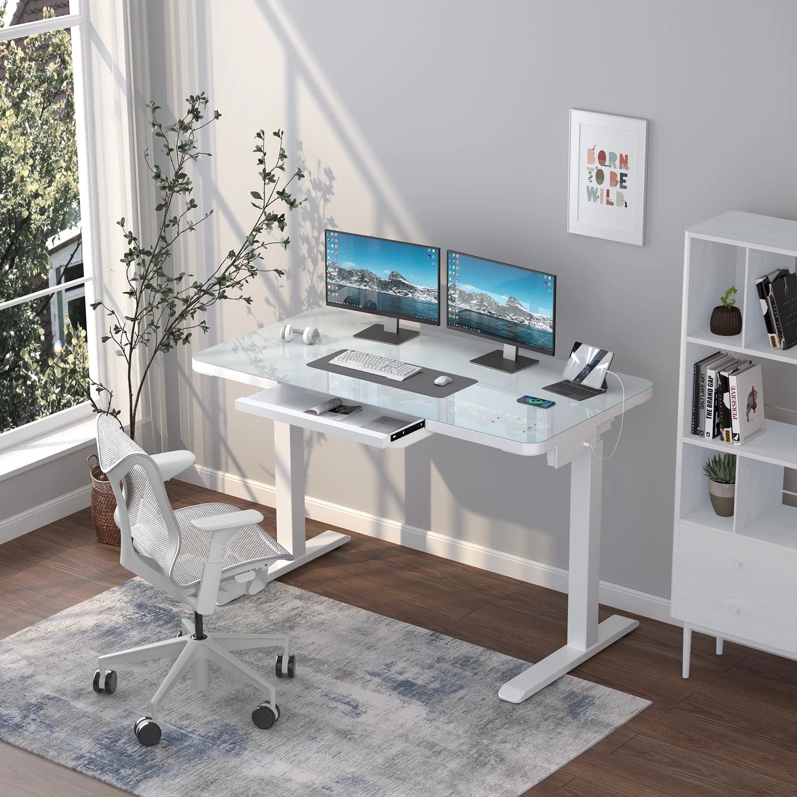 Electric Glass Standing Desk with Drawers, Dual Motor Height Adjustable, White S497991