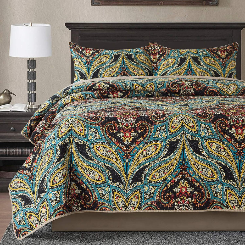 Cotton Bedspread Quilt Set, Reversible Patchwork Coverlet, Floral Pattern D3006