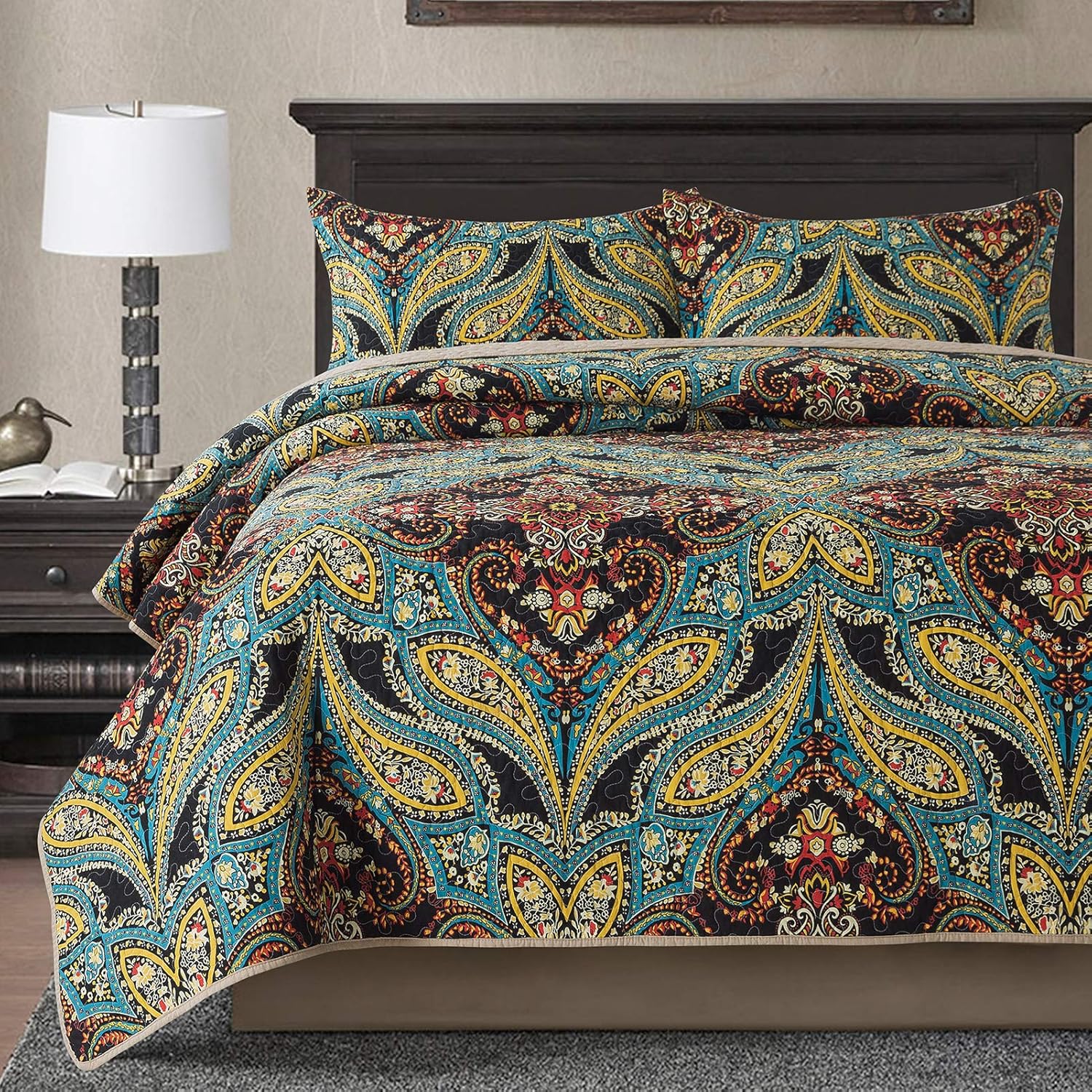 Cotton Bedspread Quilt Set, Reversible Patchwork Coverlet, Floral Pattern D3006